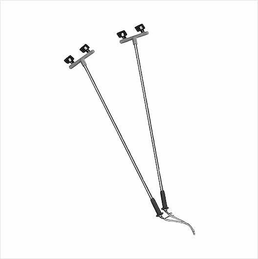 Two silver-colored LED floodlights designed for model train setups, with visible wiring and mounting brackets.