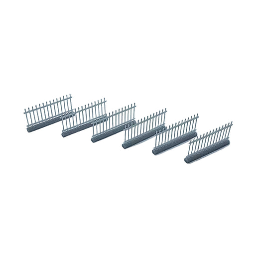 A series of straight metal railings with spear tops, printed in grey ABS-like resin, designed for use in model railway layouts.