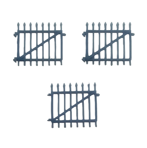 A set of three 3D printed grey spear-top gates intended for model painting.
