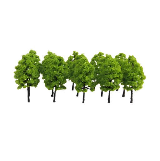 A group of light green model trees arranged together against a white background.