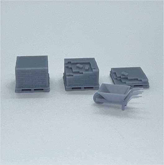 OO Scale | Pallets of Bricks and Wheelbarrow (4 pieces)