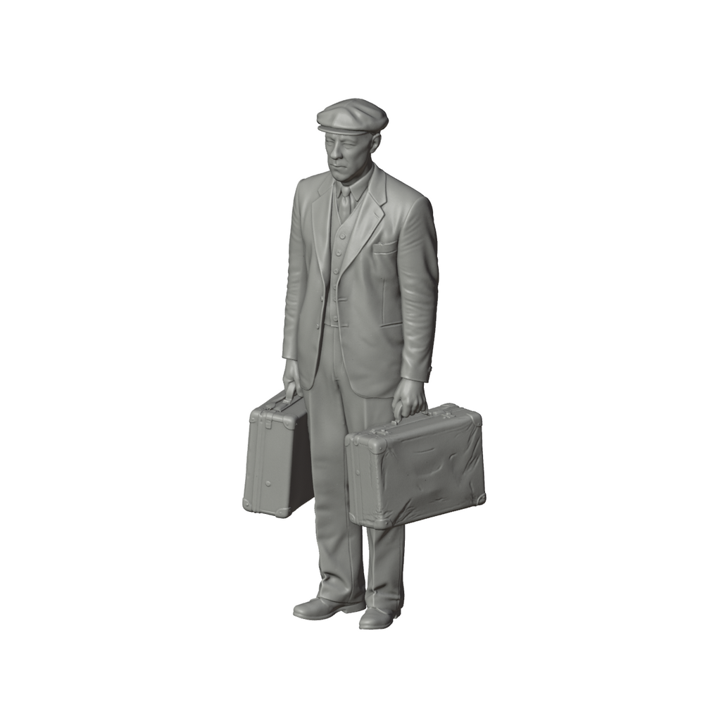 Unpainted grey resin model of OO Scale Ready to Paint 1950s Old Man Carrying Two Suitcases