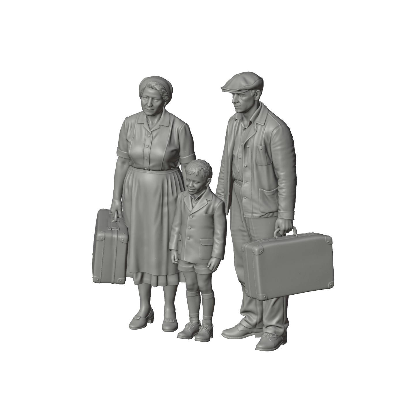 Unpainted grey resin model of OO Scale Ready to Paint 1950s Poor Parents With Son