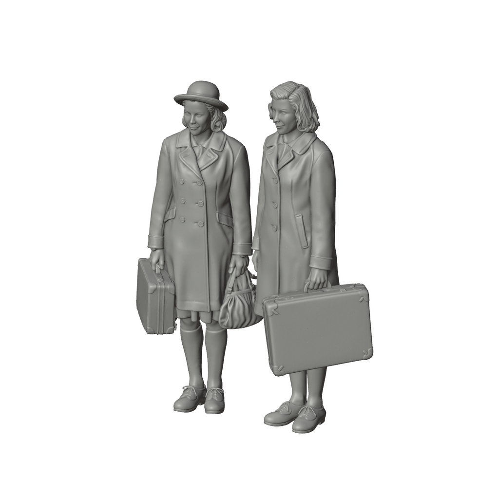 Unpainted grey resin model of OO Scale Ready to Paint 1950s Two Girls With Suitcases