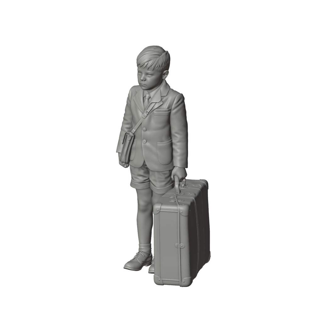 Unpainted grey resin model of OO Scale Ready to Paint 1950s Boy With Large Suitcase