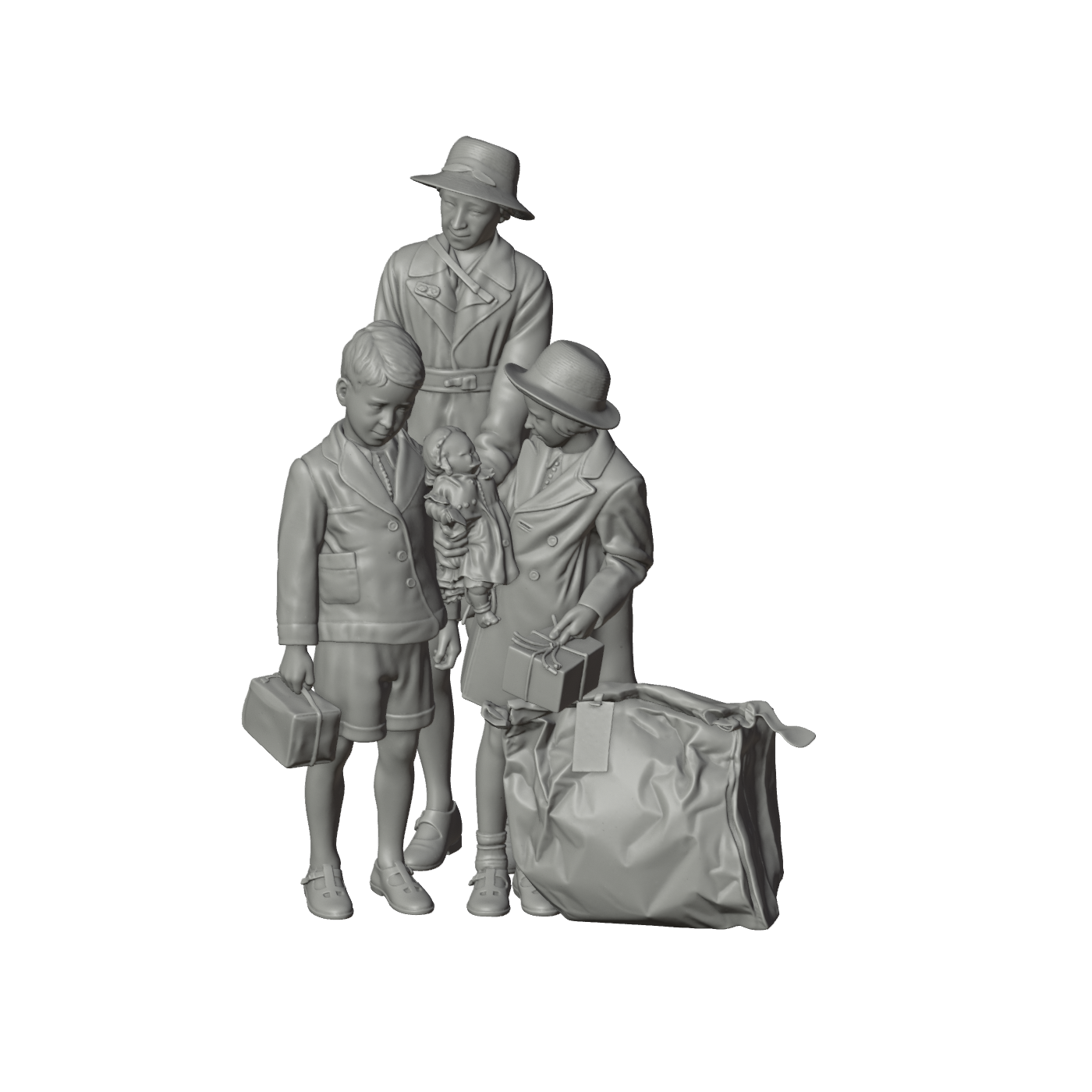 Unpainted grey resin model of OO Scale Ready to Paint 1950s Brother And Sisters With Luggage