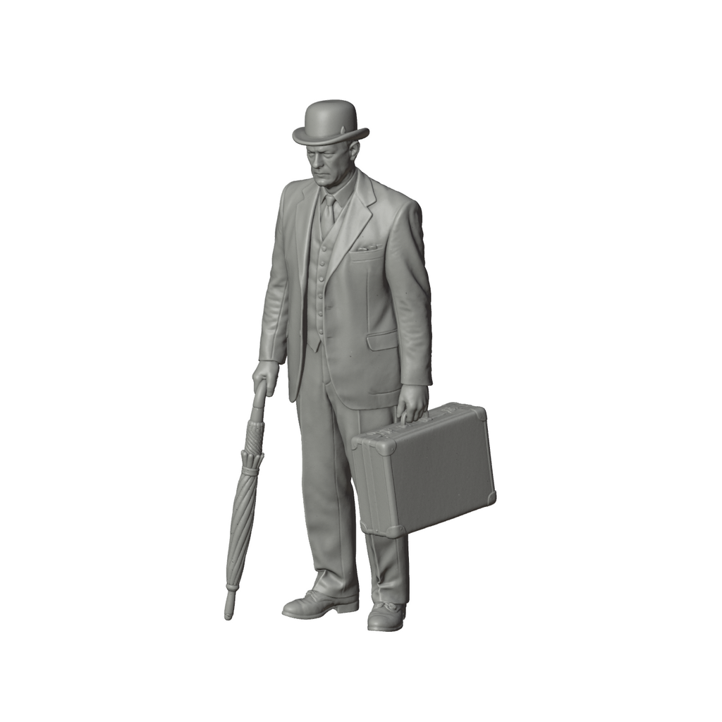 Unpainted grey resin model of OO Scale Ready to Paint 1950s Gentleman Carrying Umbrella And Small Suitcase