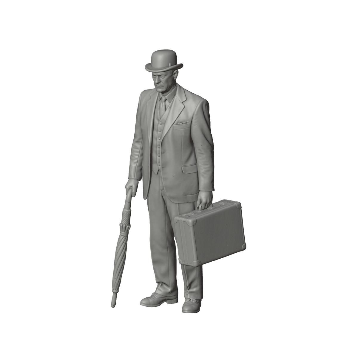 Unpainted grey resin model of OO Scale Ready to Paint 1950s Gentleman Carrying Umbrella And Small Suitcase