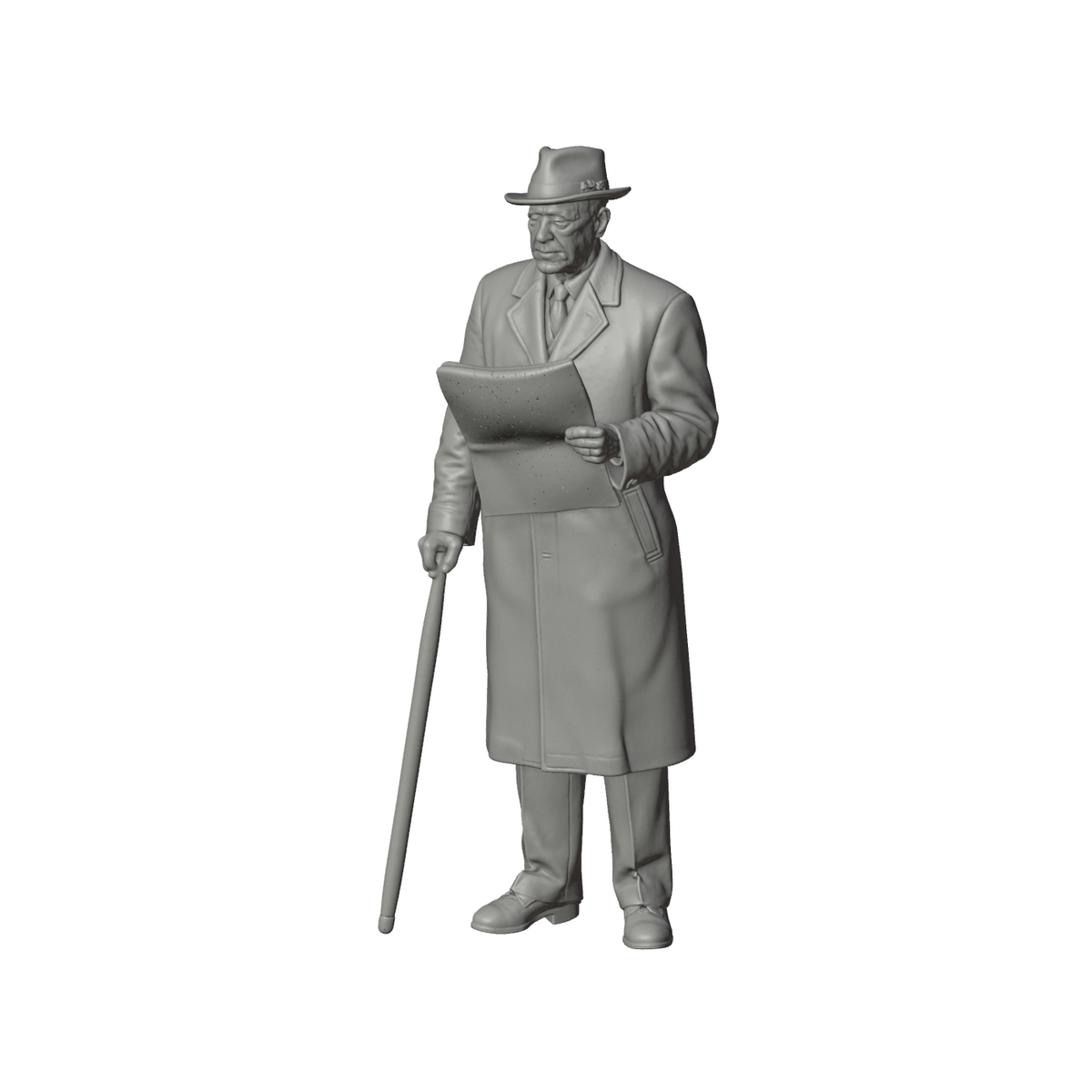 Unpainted grey resin model of OO Scale Ready to Paint 1950s Gentleman With Cane And Newspaper
