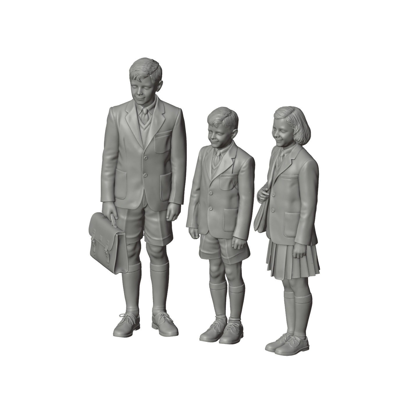 Unpainted grey resin model of OO Scale Ready to Paint 1950s Girl With Two Brothers