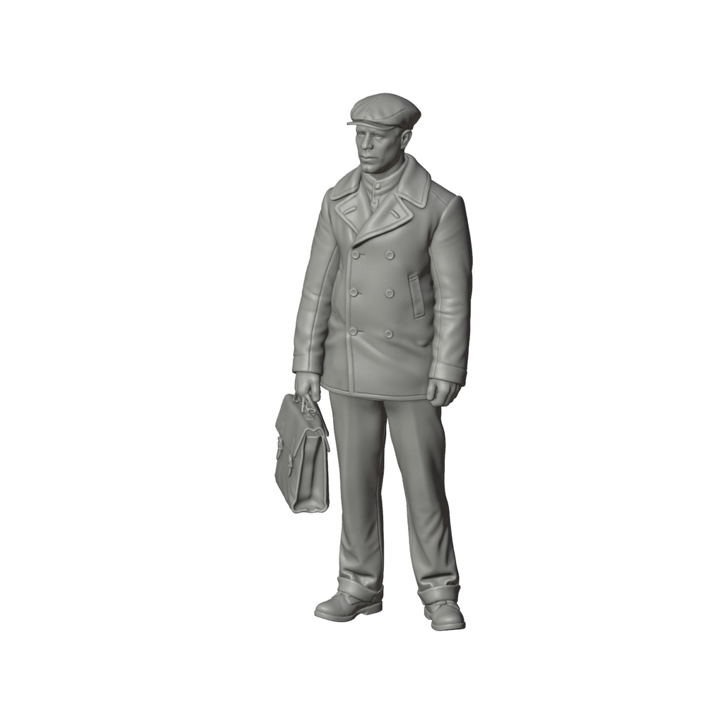 Unpainted grey resin model of OO Scale Ready to Paint 1950s Man Holding A Satchel