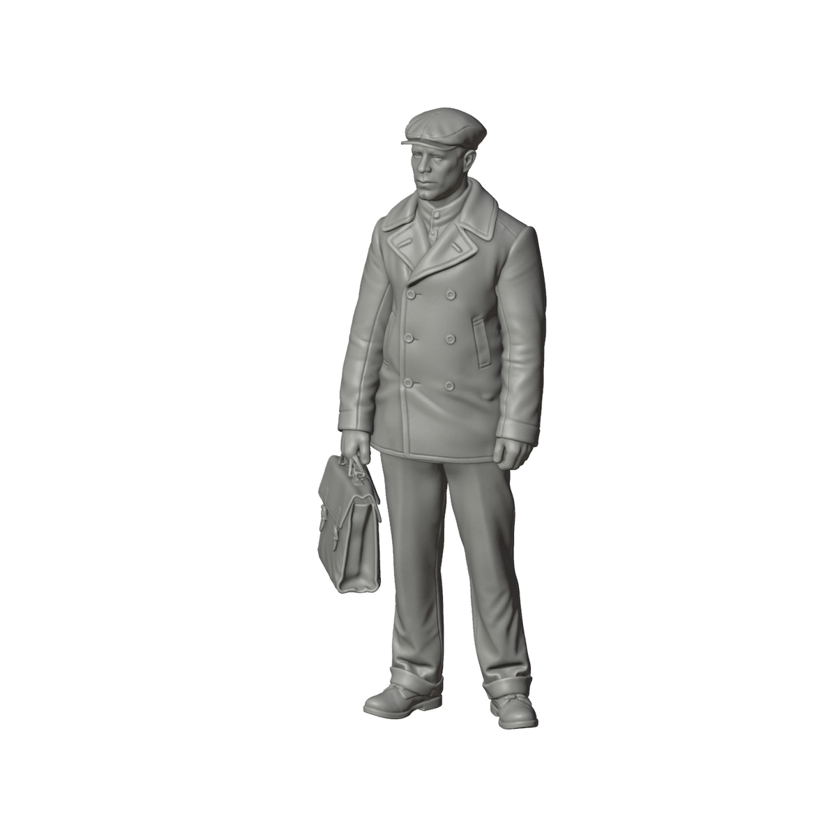 Unpainted grey resin model of OO Scale Ready to Paint 1950s Man Holding A Satchel