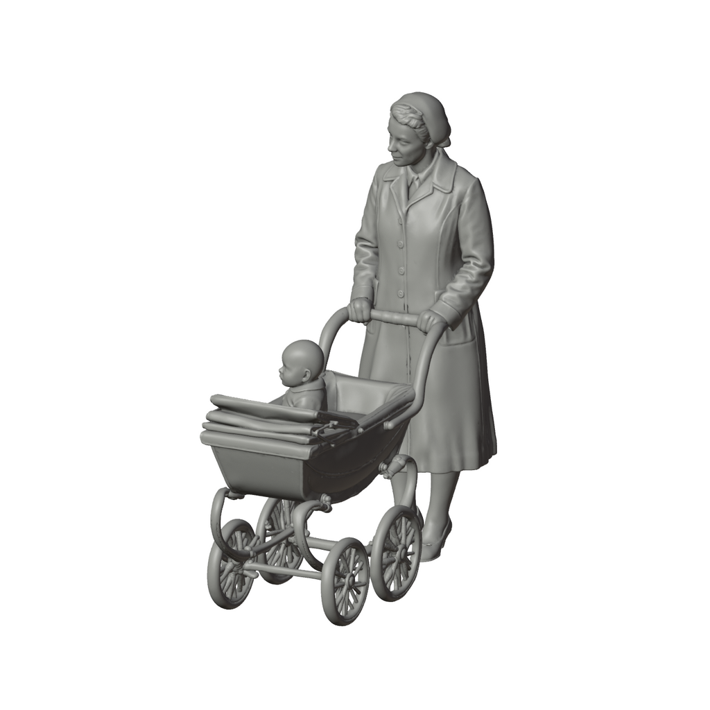 Unpainted grey resin model of OO Scale Ready to Paint 1950s Mother With Baby In Pram
