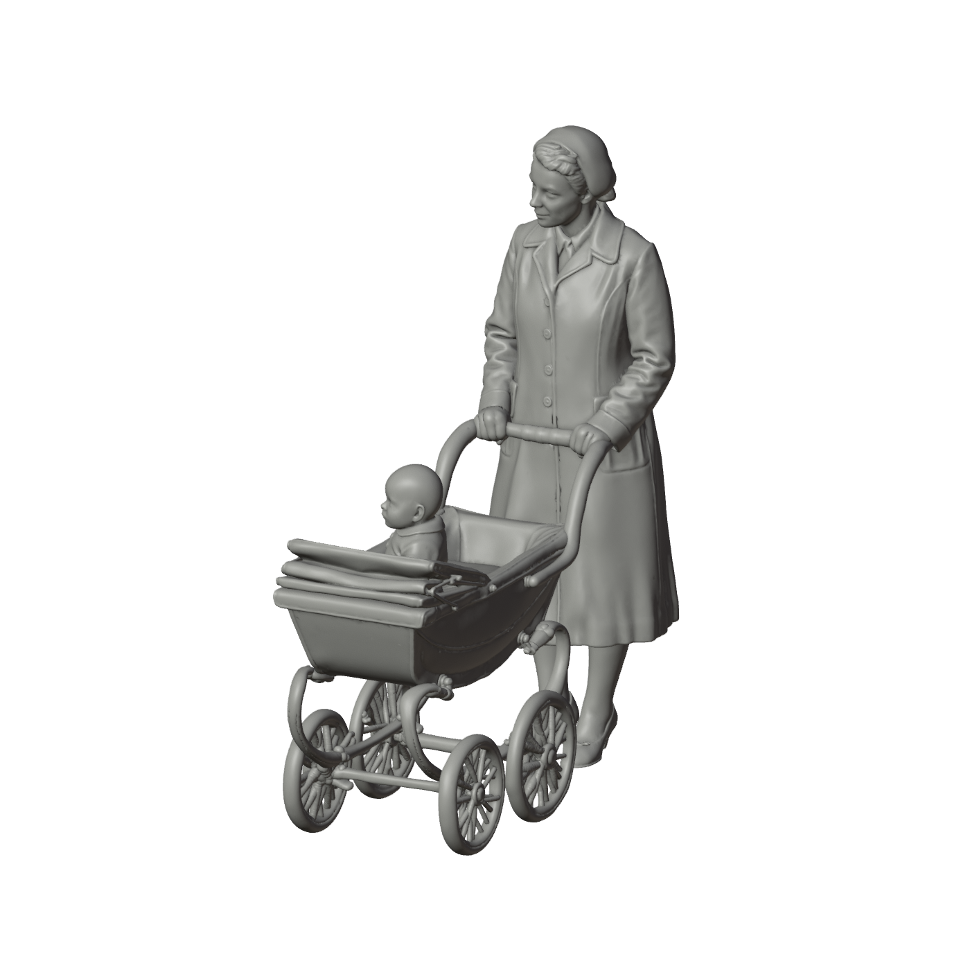 Unpainted grey resin model of OO Scale Ready to Paint 1950s Mother With Baby In Pram