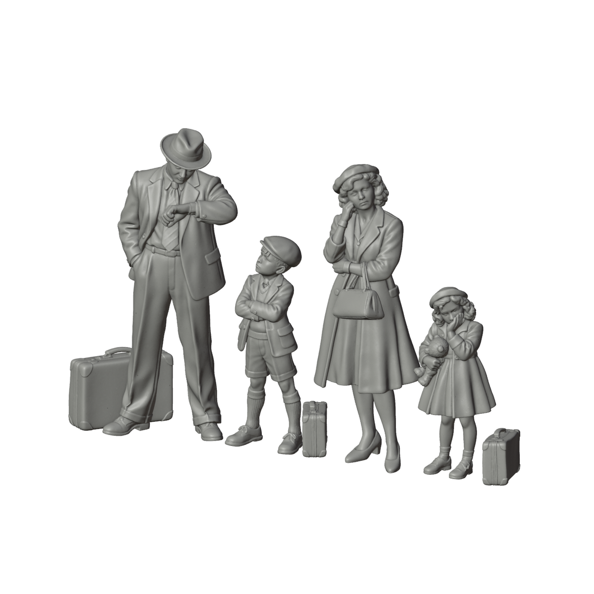 Unpainted grey resin model of OO Scale Ready to Paint 1950s Parents With Two Children
