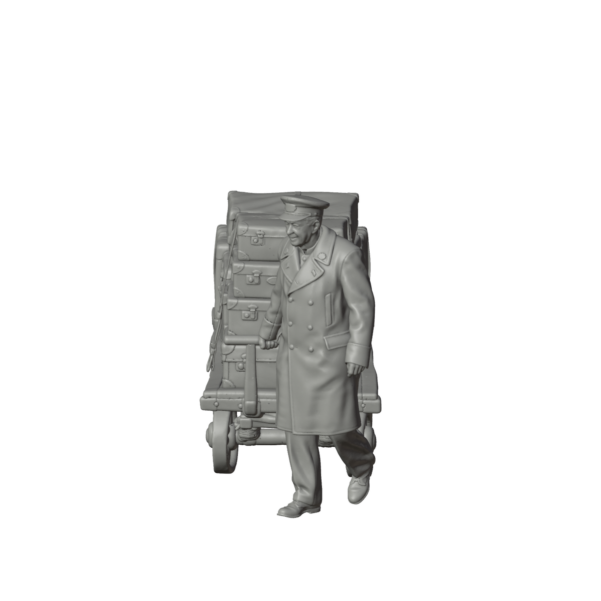 Unpainted grey resin model of OO Scale Ready to Paint 1950s Railway Porter Pulling Luggage Trolley