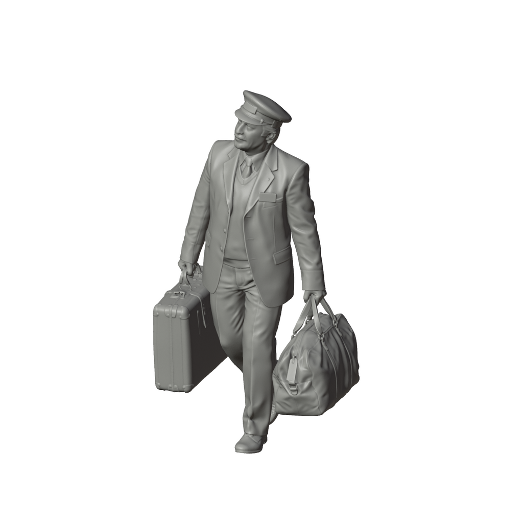 Unpainted grey resin model of OO Scale Ready to Paint 1950s Railway Porter Carrying Luggage