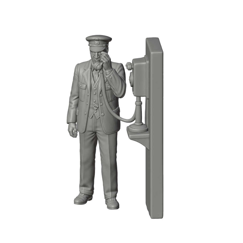 Unpainted grey resin model of OO Scale Ready to Paint 1950s Signalman Using A Wall Mounted Telephone