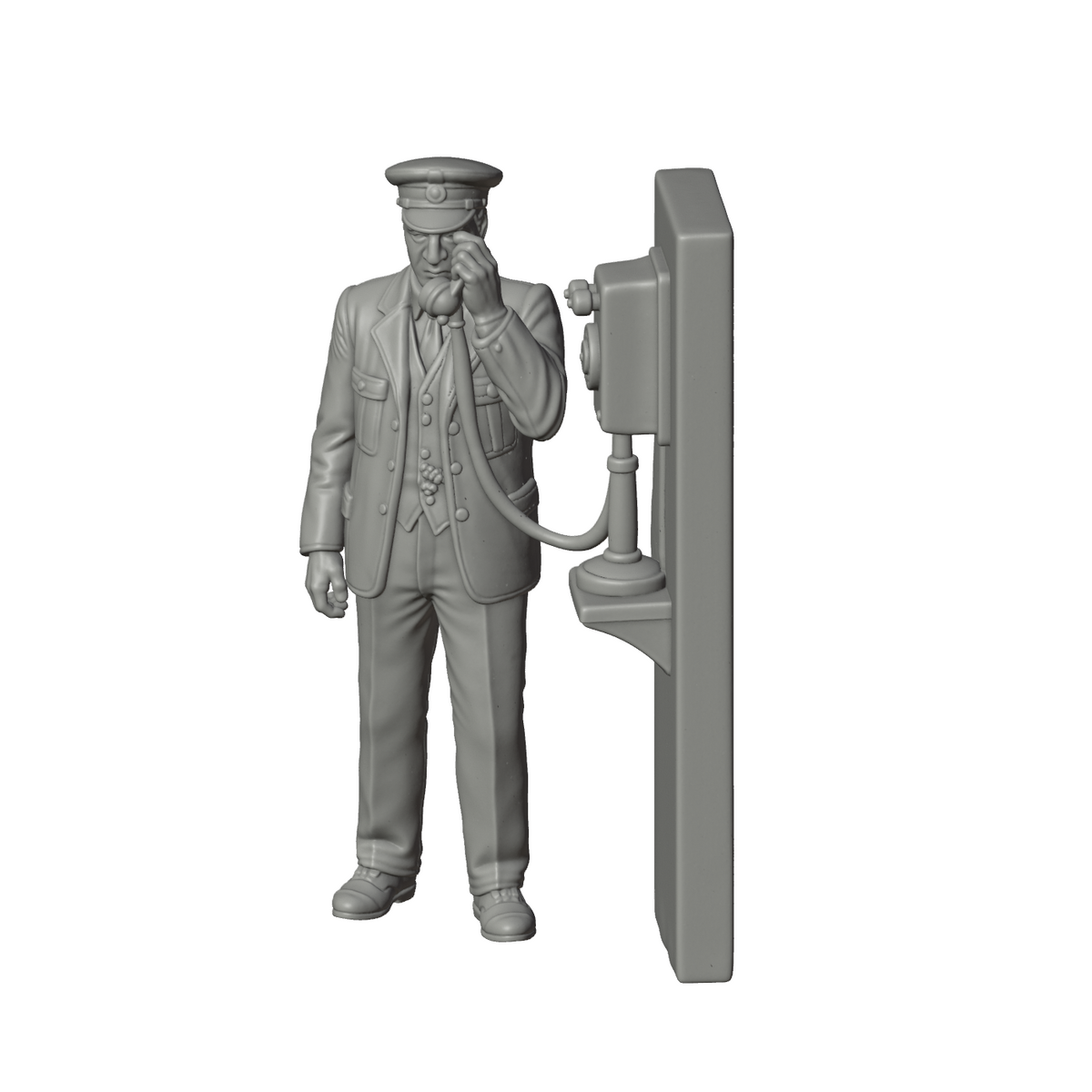 Unpainted grey resin model of OO Scale Ready to Paint 1950s Signalman Using A Wall Mounted Telephone