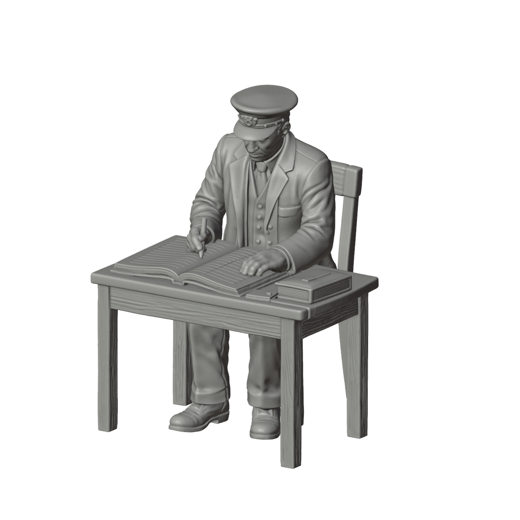 Unpainted grey resin model of OO Scale Ready to Paint 1950s Signalman Writing At Desk