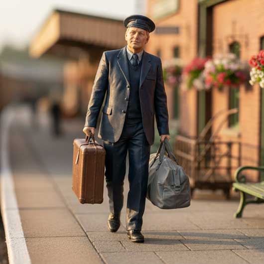 A man dressed as a vintage railway porter walks along a station platform, carrying a brown suitcase in one hand and a gray duffel bag in the other. He wears a dark navy blue suit, matching trousers, a dark tie, and a matching navy conductor's cap.