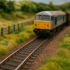 Model train on a track surrounded by grass and a wooden fence