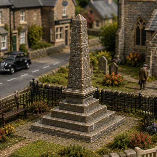 A miniature stone obelisk monument in a detailed model village setting, surrounded by a black metal fence, with small houses, a church, a black car, and a tiny person in the background.
