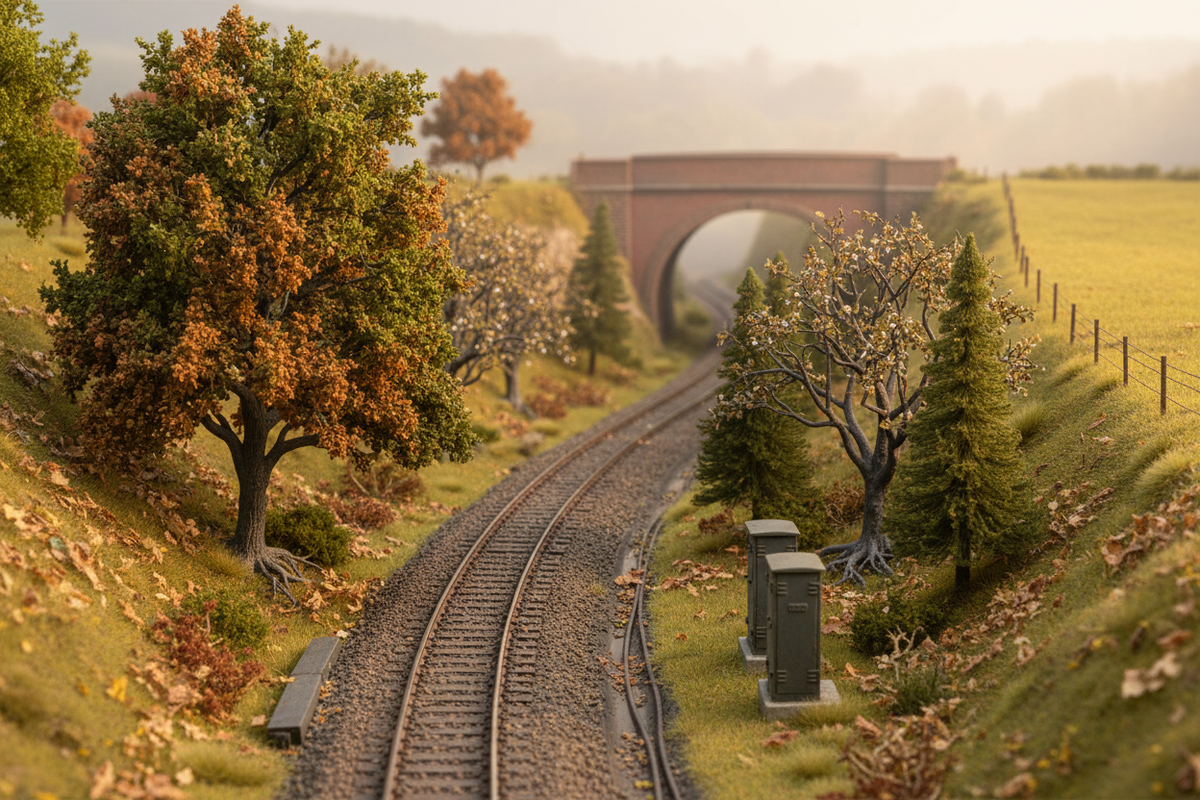 Autumn railway cutting with Model Railway Scenes trees and relay cabinets