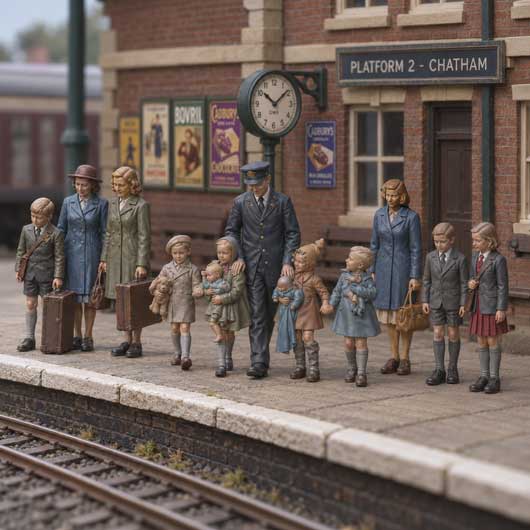 A detailed miniature diorama of a train station platform scene, featuring small figurines of passengers, including children with suitcases, standing in front of a brick station building with a 'PLATFORM 2 - CHATHAM' sign.