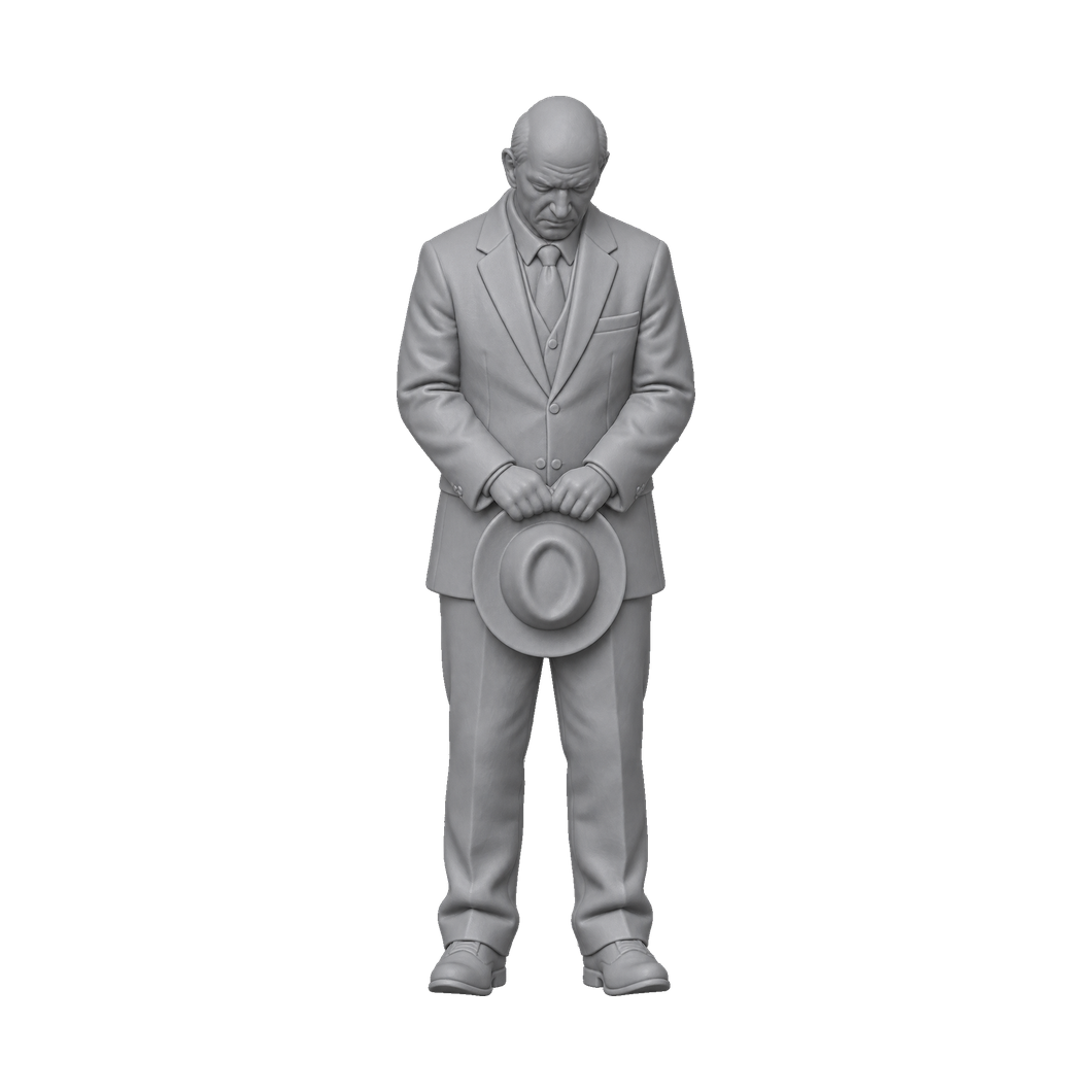 OO Scale Ready to Paint Modern Funeral Attendee Holding Trilby Hat