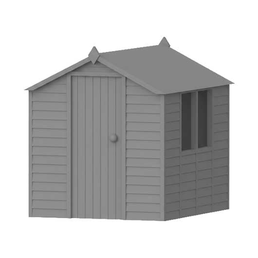 A gray wooden garden shed with a pitched roof, double door, and a side window, shown on a plain white background.