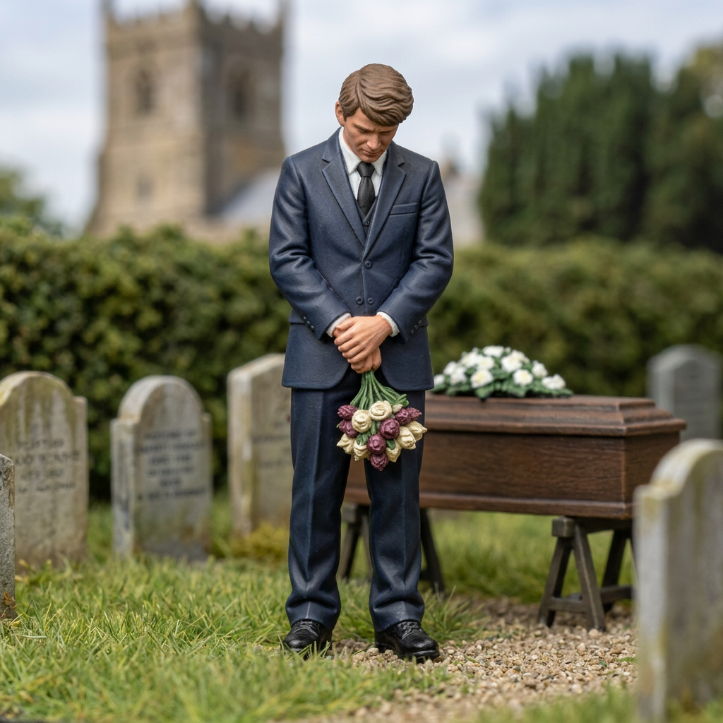 Gentleman holding a downward-facing bouquet in a miniature funeral scene