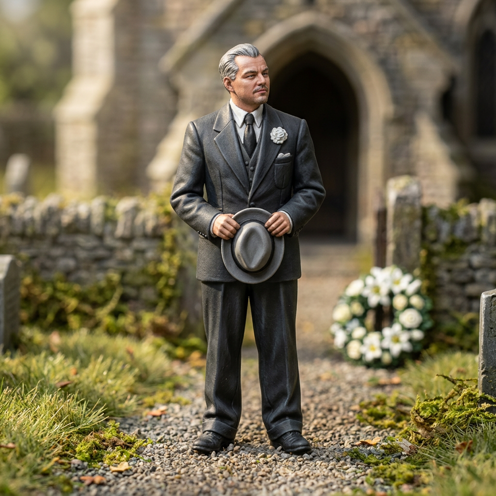 Gentleman holding his hat in a miniature churchyard funeral scene