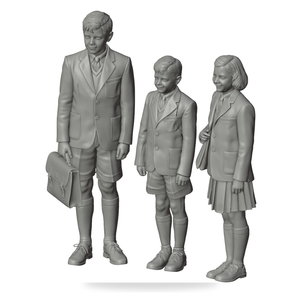 Generated grey resin studio product asset - OO Scale Ready to Paint 1950s Girl With Two Brothers