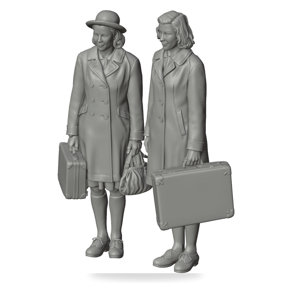 Generated grey resin studio product asset - OO Scale Ready to Paint 1950s Two Girls With Suitcases