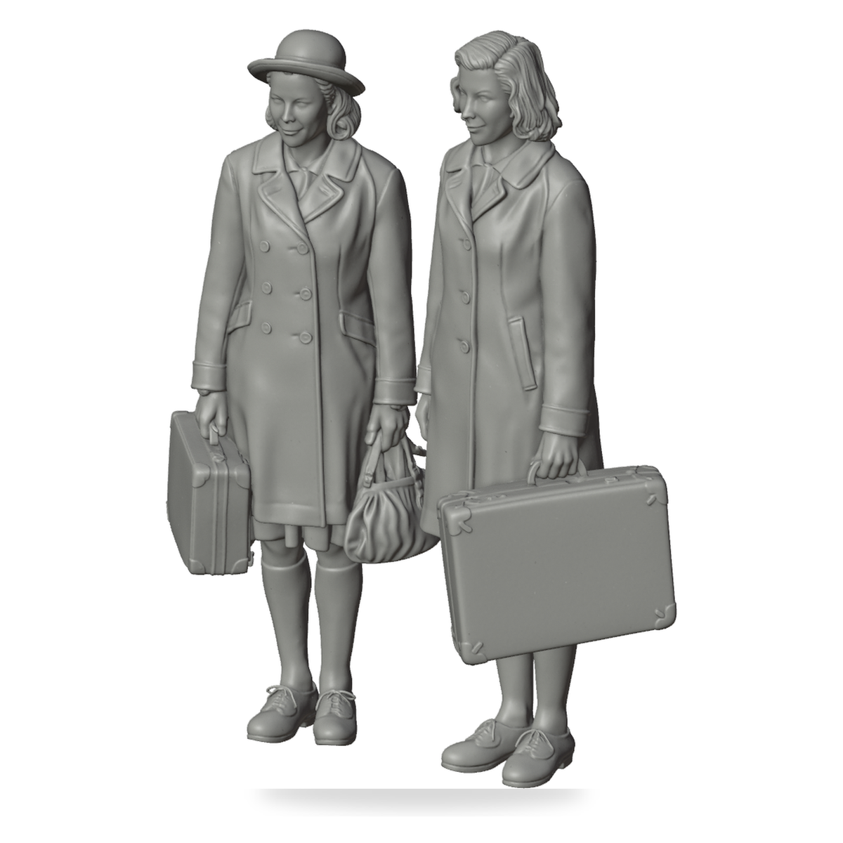 Generated grey resin studio product asset - OO Scale Ready to Paint 1950s Two Girls With Suitcases