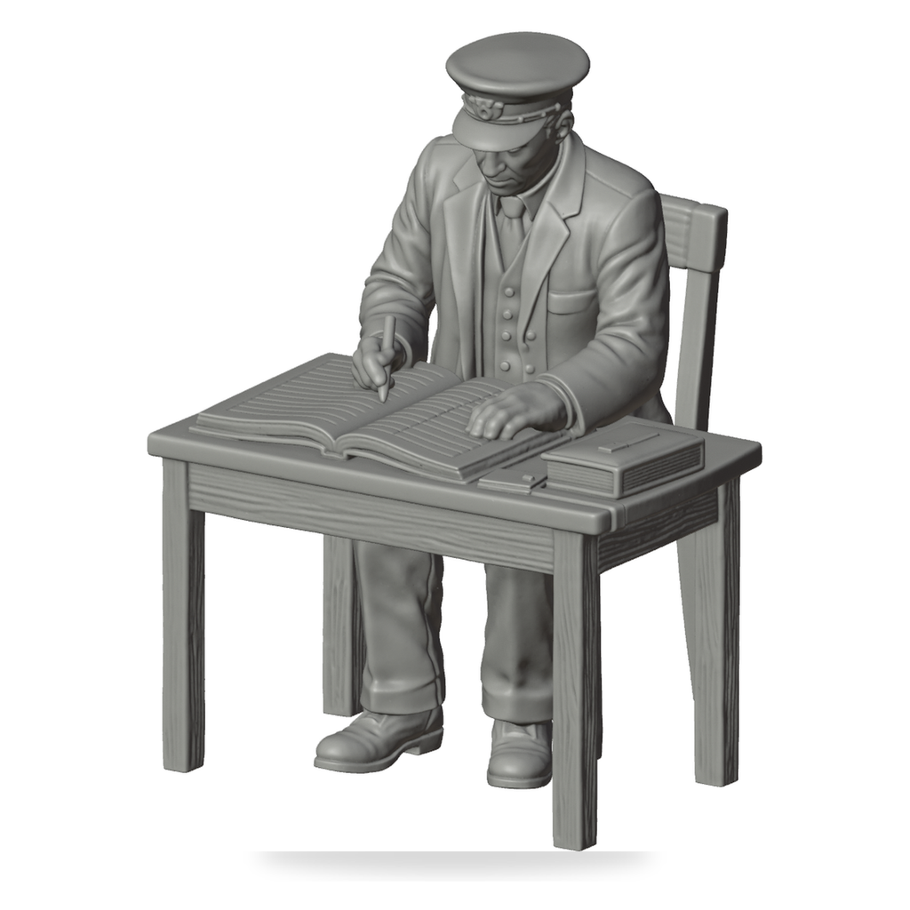 Generated grey resin studio product asset - OO Scale Ready to Paint 1950s Signalman Writing At Desk