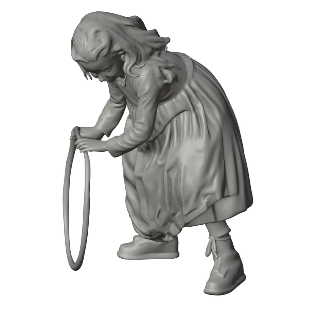 Generated grey resin studio product asset - OO Scale Ready to Paint Victorian Girl Playing With A Hoop