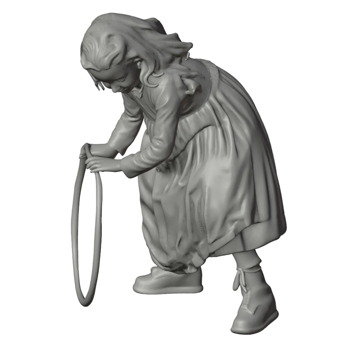 Generated grey resin studio product asset - OO Scale Ready to Paint Victorian Girl Playing With A Hoop