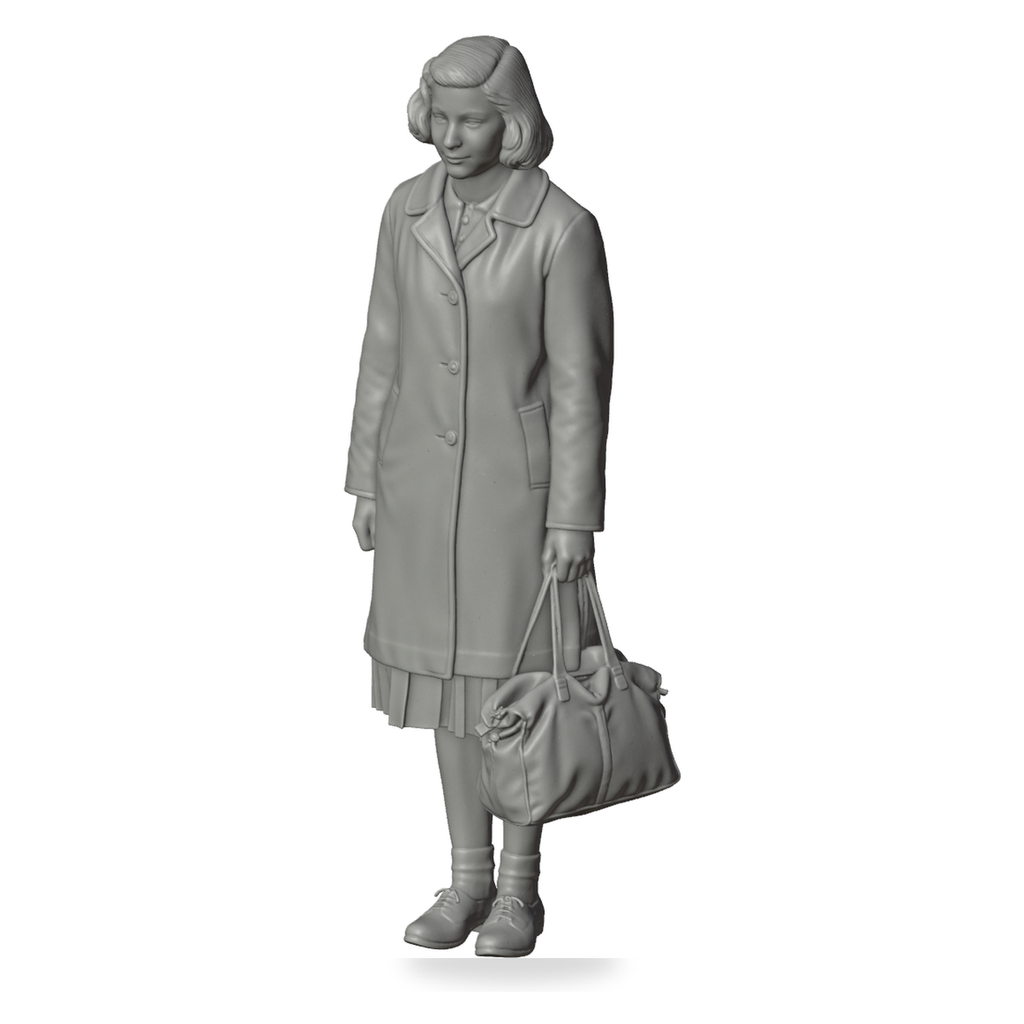 Generated grey resin studio product asset - OO Scale Ready to Paint 1950s Teenage Girl Carrying A Bag