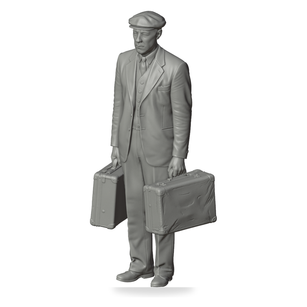 Generated grey resin studio product asset - OO Scale Ready to Paint 1950s Old Man Carrying Two Suitcases