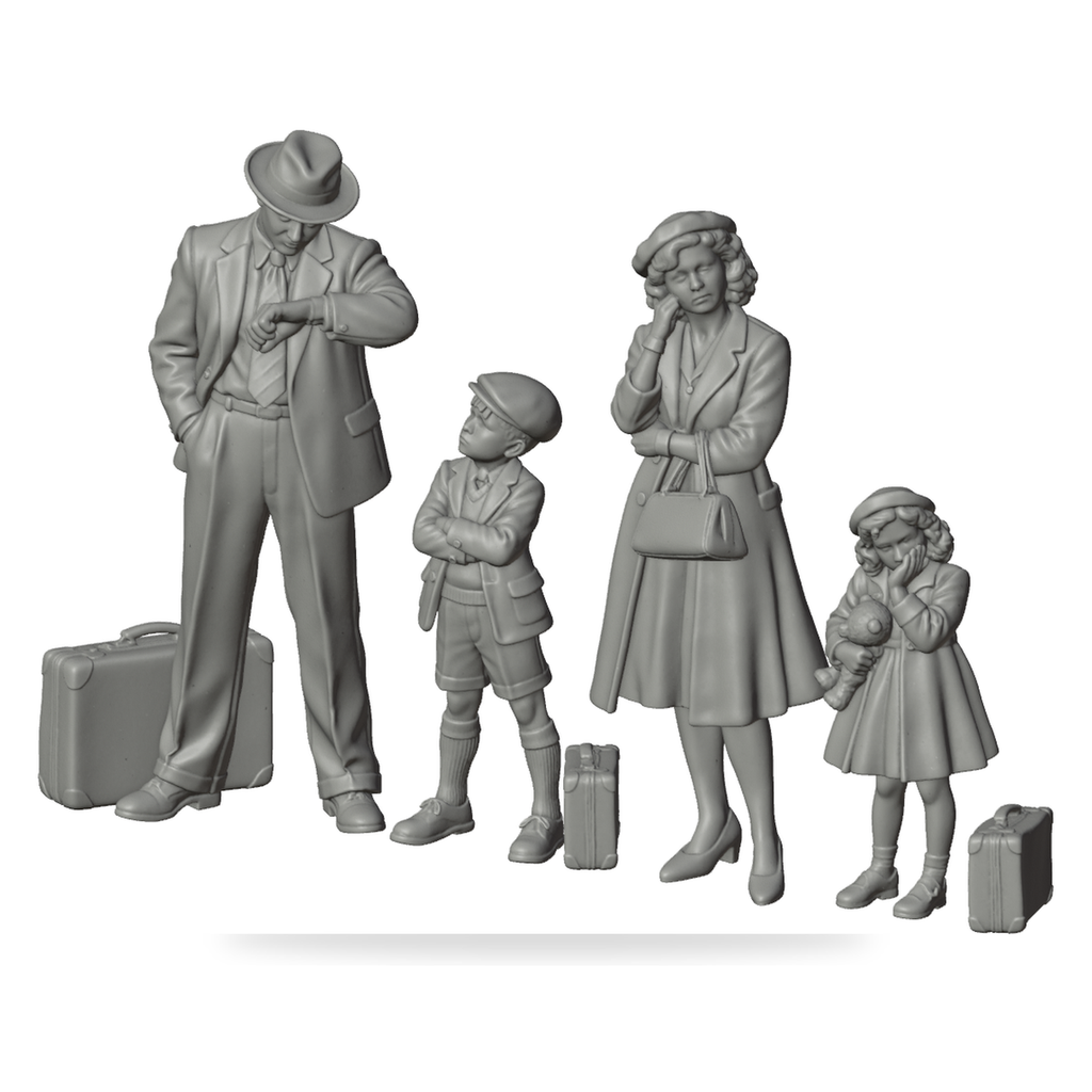 Generated grey resin studio product asset - OO Scale Ready to Paint 1950s Parents With Two Children