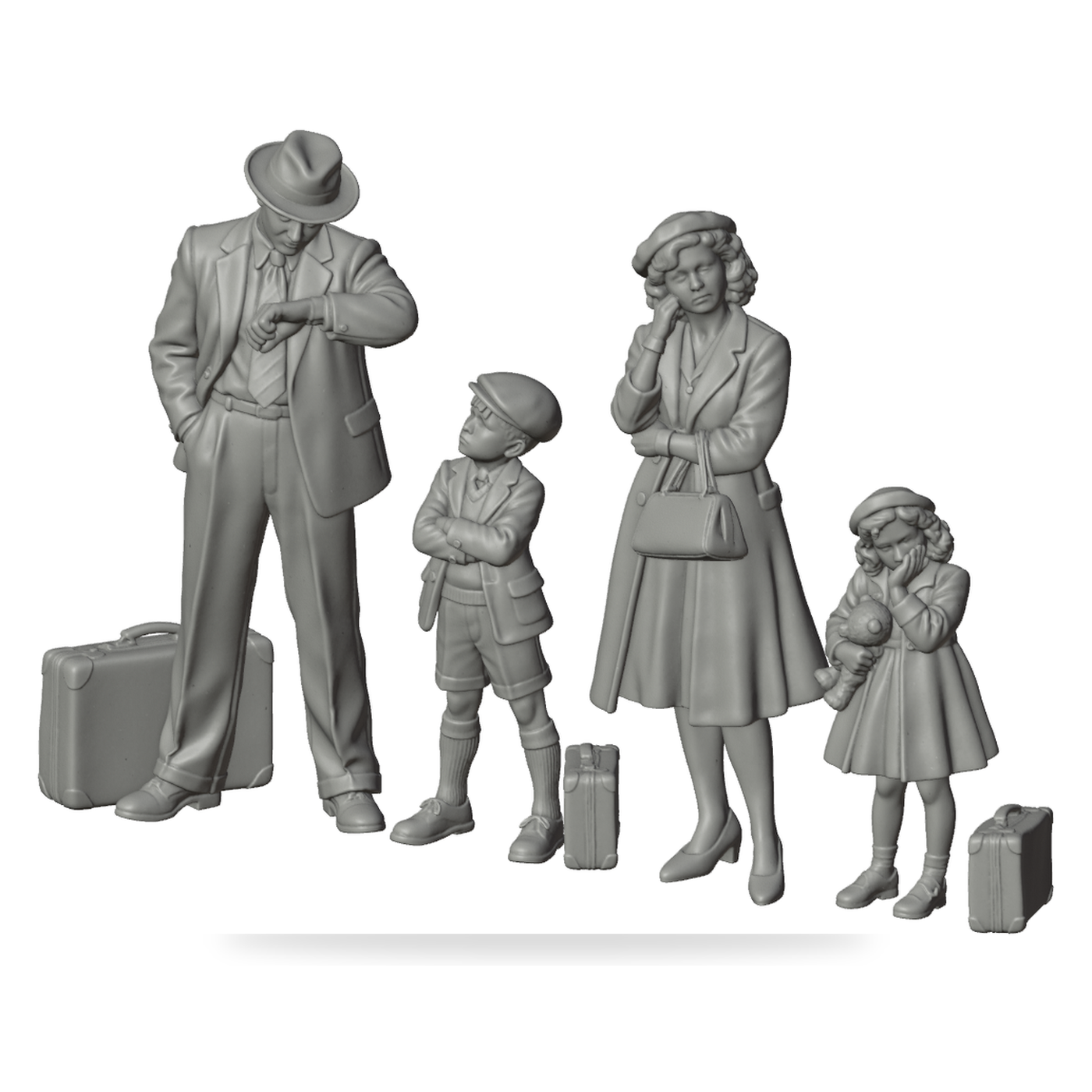 Generated grey resin studio product asset - OO Scale Ready to Paint 1950s Parents With Two Children