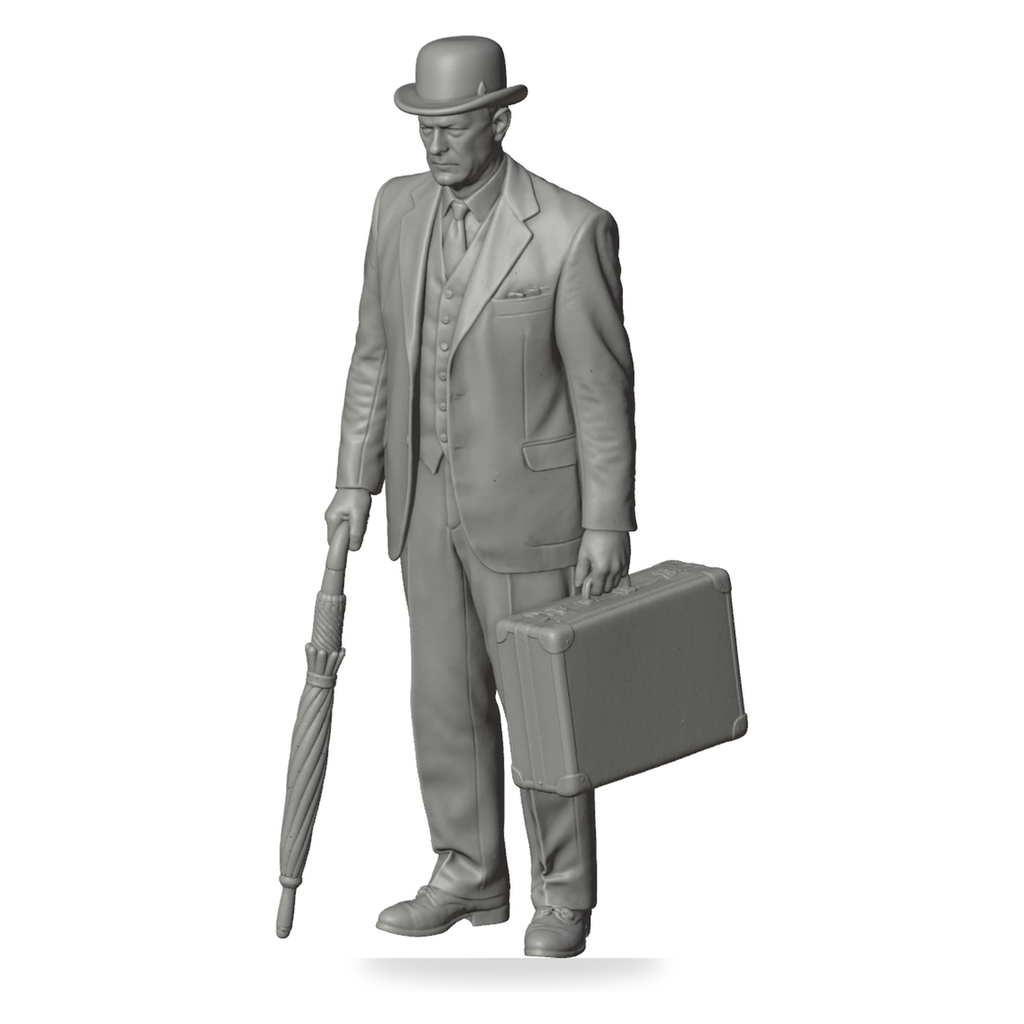 Generated grey resin studio product asset - OO Scale Ready to Paint 1950s Gentleman Carrying Umbrella And Small Suitcase