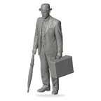 Generated grey resin studio product asset - OO Scale Ready to Paint 1950s Gentleman Carrying Umbrella And Small Suitcase