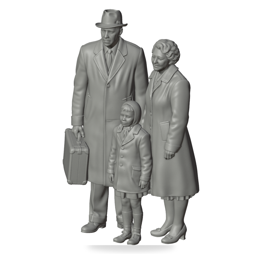 Generated grey resin studio product asset - OO Scale Ready to Paint 1950s Parents With Daughter