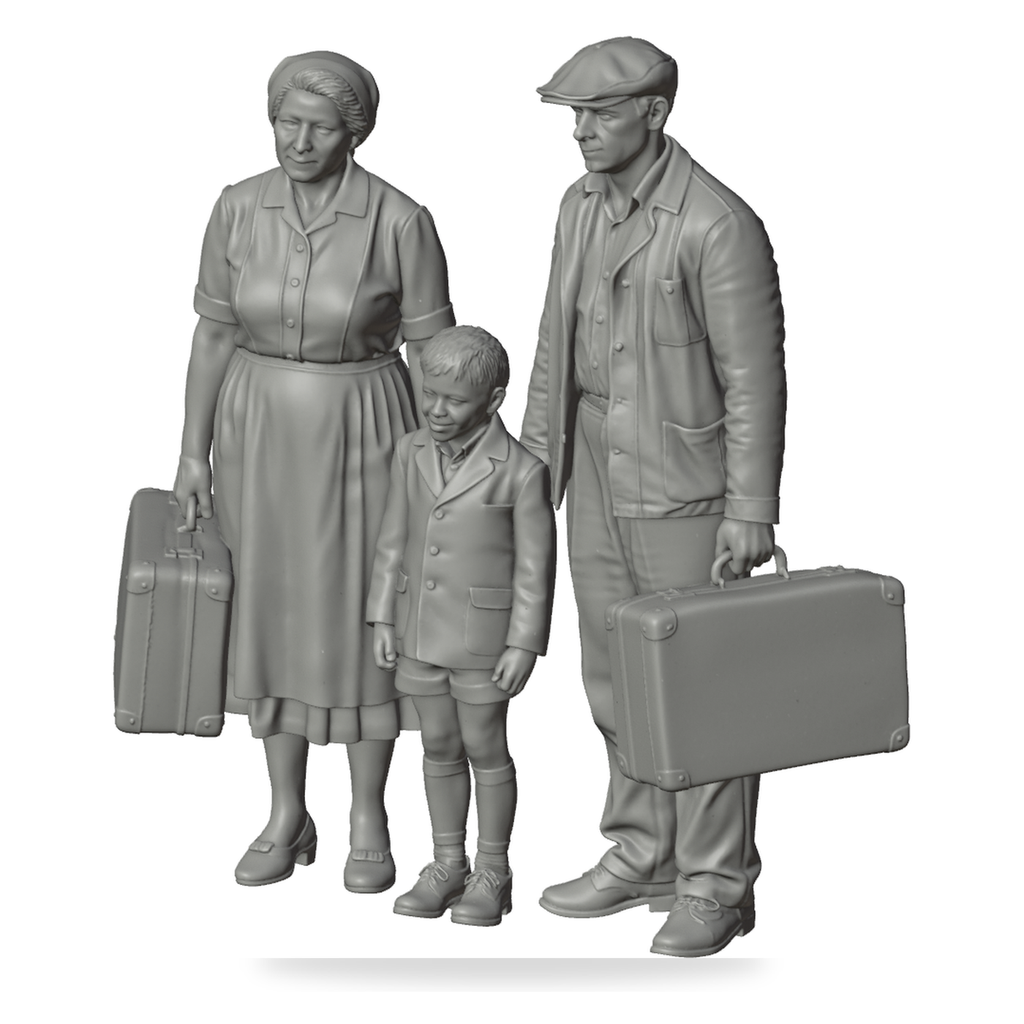 Generated grey resin studio product asset - OO Scale Ready to Paint 1950s Poor Parents With Son