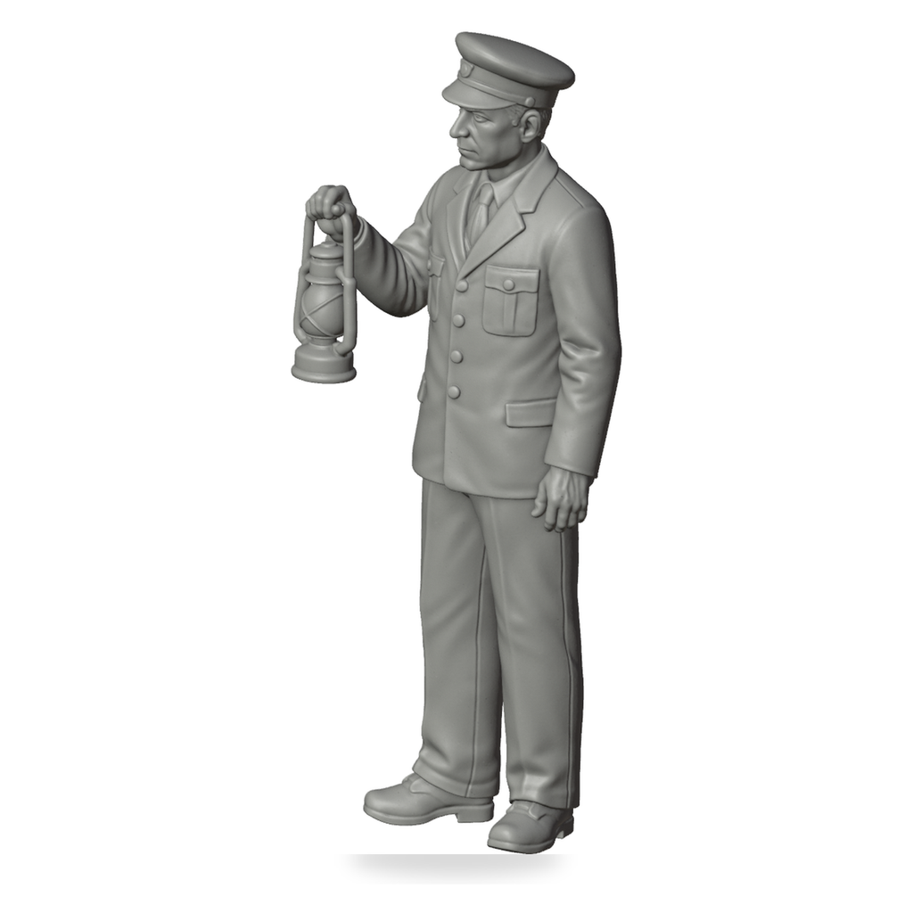 Generated grey resin studio product asset - OO Scale Ready to Paint 1950s Signalman With Lamp