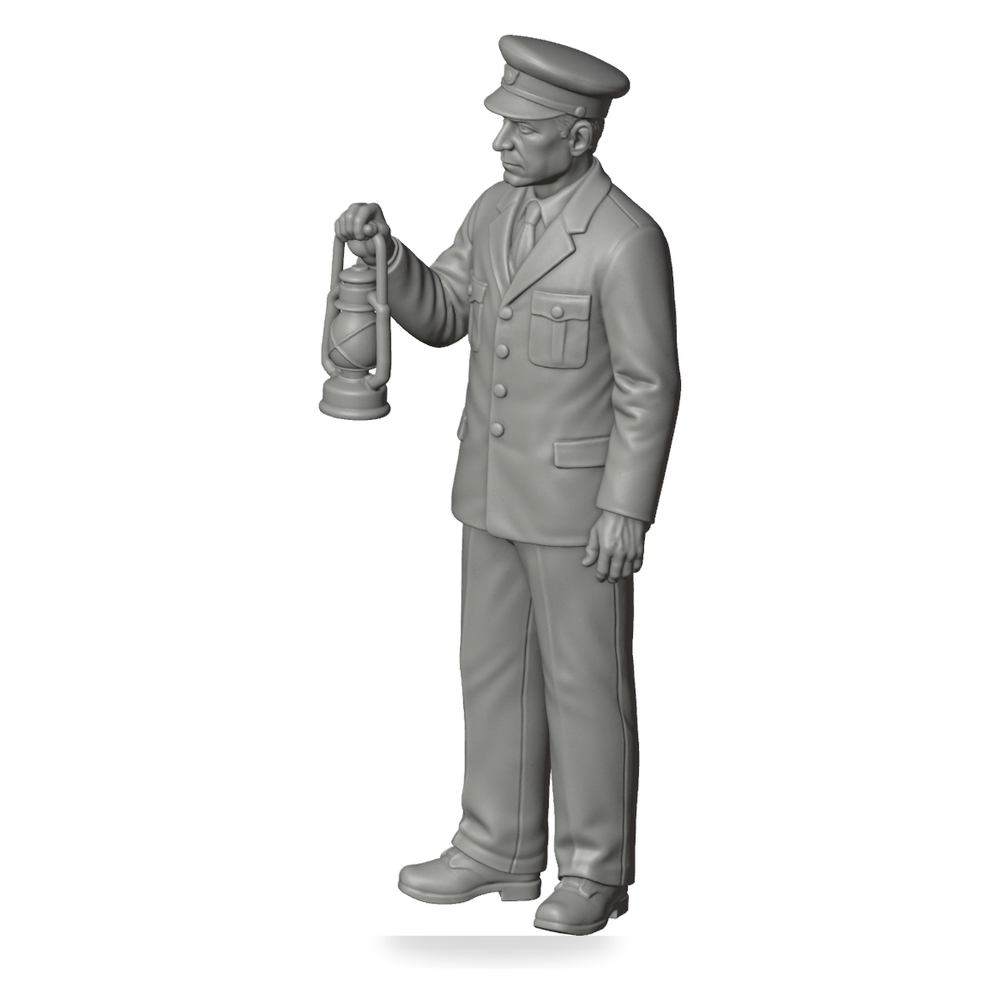 Generated grey resin studio product asset - OO Scale Ready to Paint 1950s Signalman With Lamp