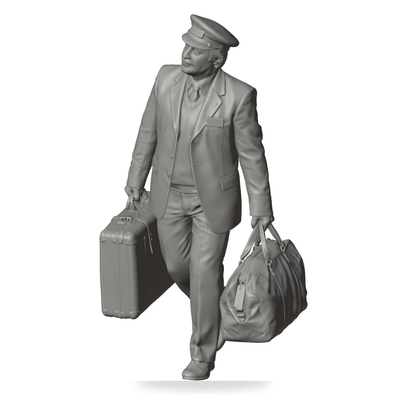 Generated grey resin studio product asset - OO Scale Ready to Paint 1950s Railway Porter Carrying Luggage